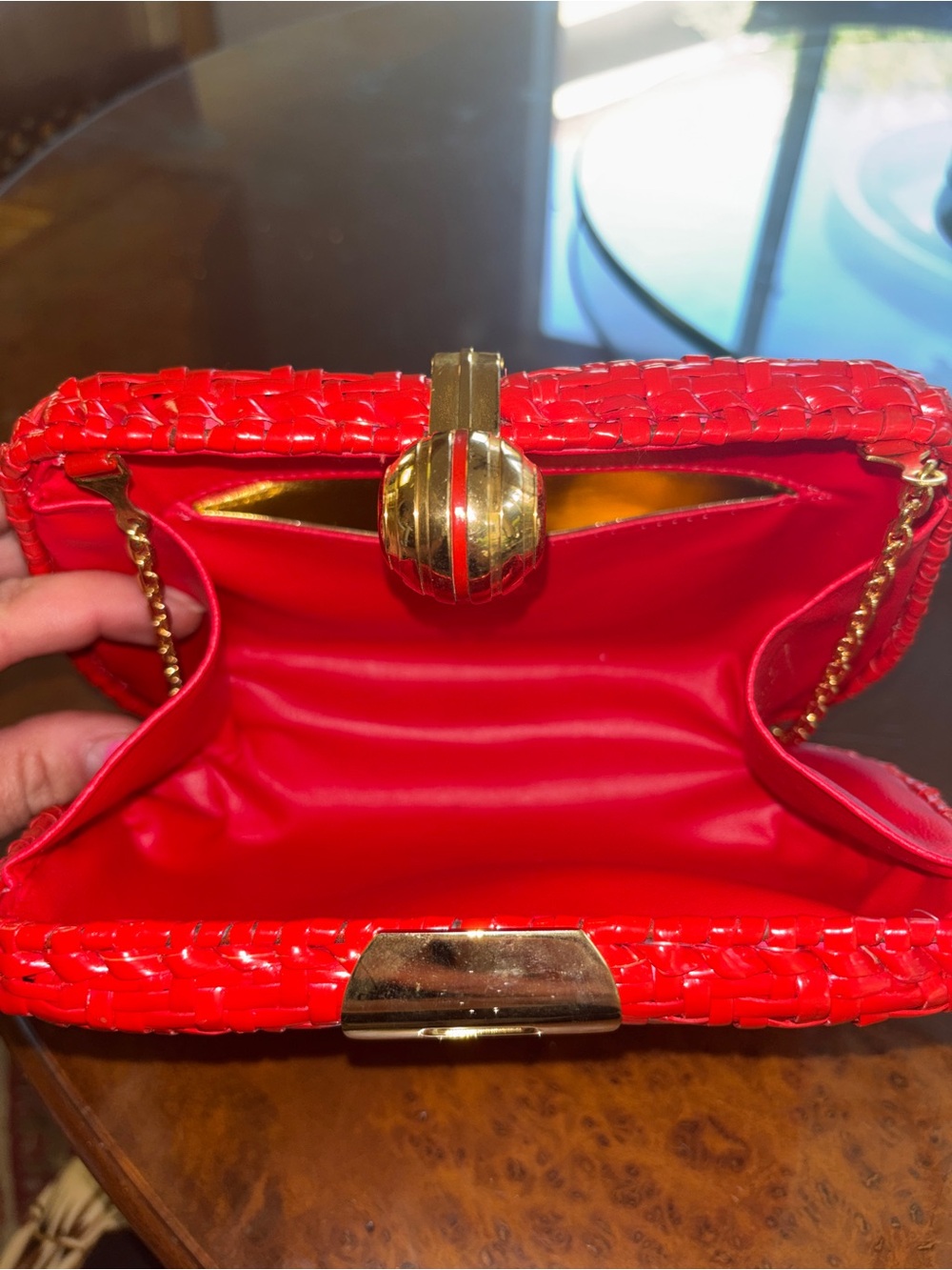 Rodo Italy Vintage Red Wicker Clutch Purse With Gold Chain - Picture 5 of 10